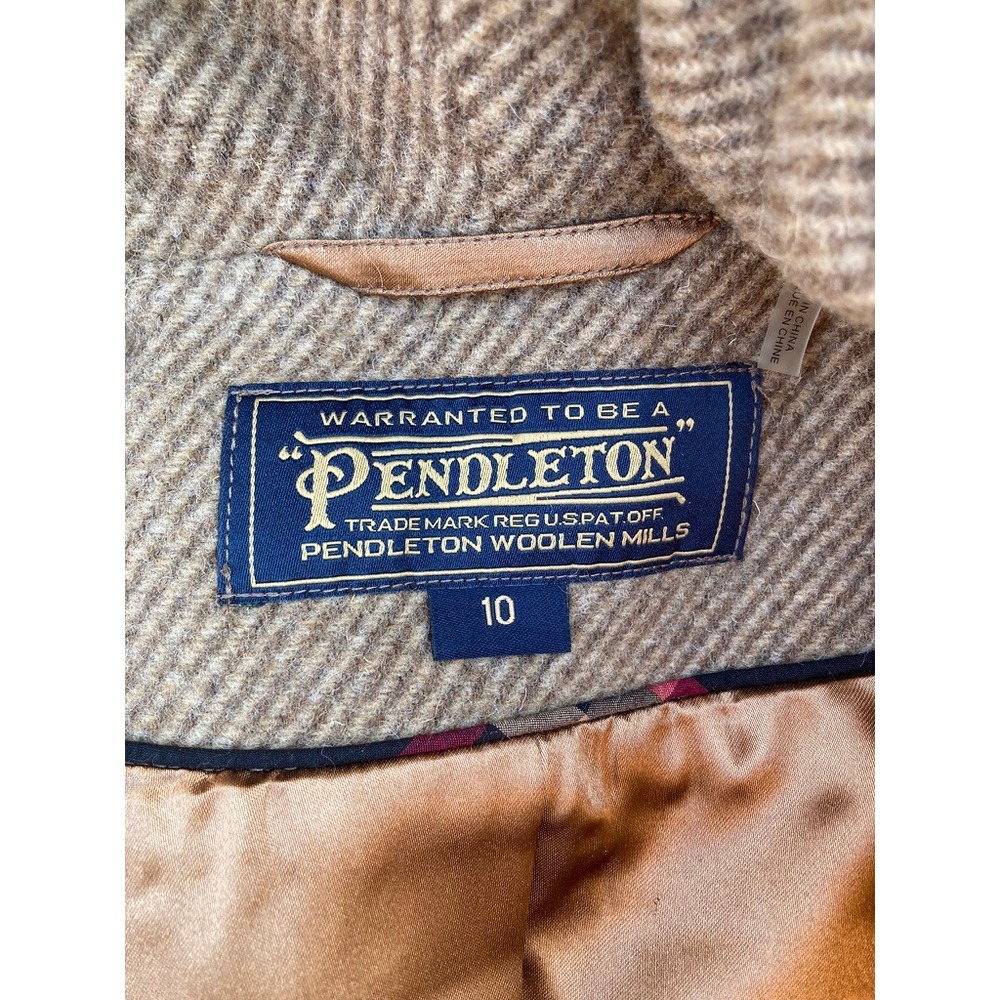 Pendleton Tan Herringbone Wool Duffle Coat Coyote Fur Trim Hooded Toggle 10